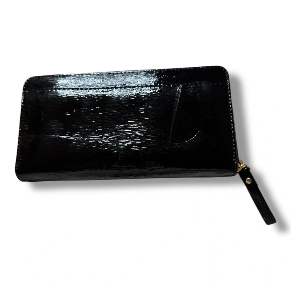 kate spade Black Patent Leather Bow Zip Wallet with Gold Accent
